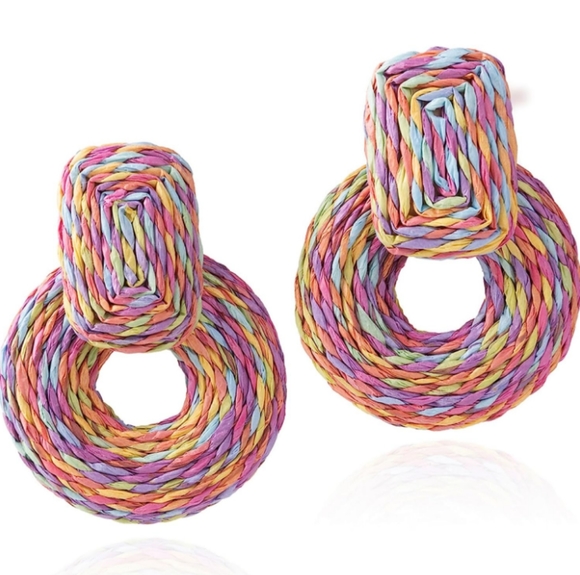 Chunky Pastel Multicolor Rattan Earrings Wicker Door Knocker Bold Statement New - Picture 2 of 7